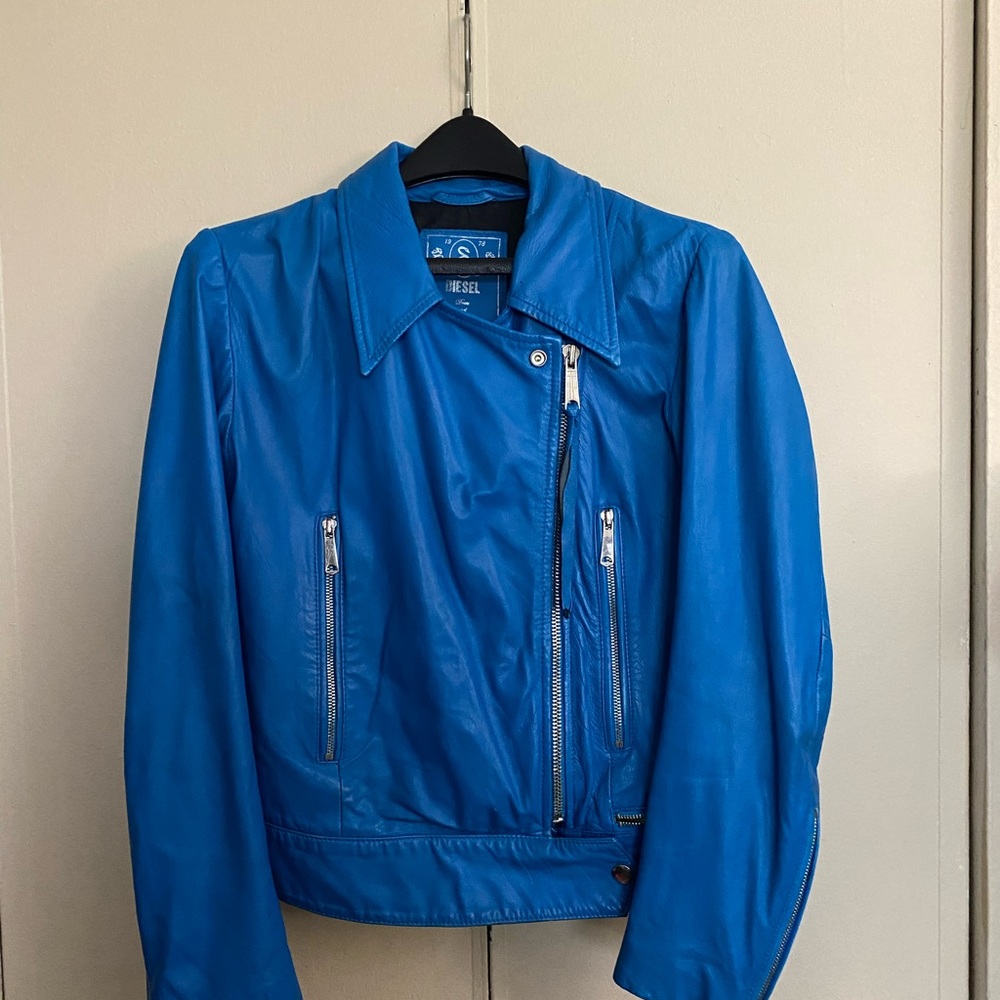 Diesel turquoise blue leather biker jacket